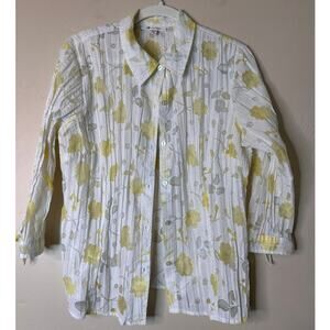 M Collection Sheer White Button Up Blouse Yellow Floral Design 14